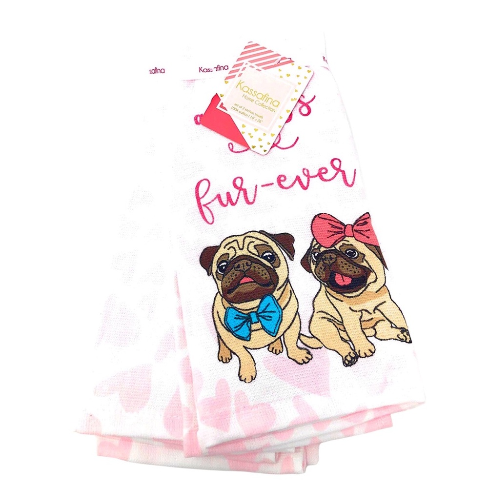 Kassafina Pug Hearts Cotton Kitchen or Bath Hand Towels, 2 ct